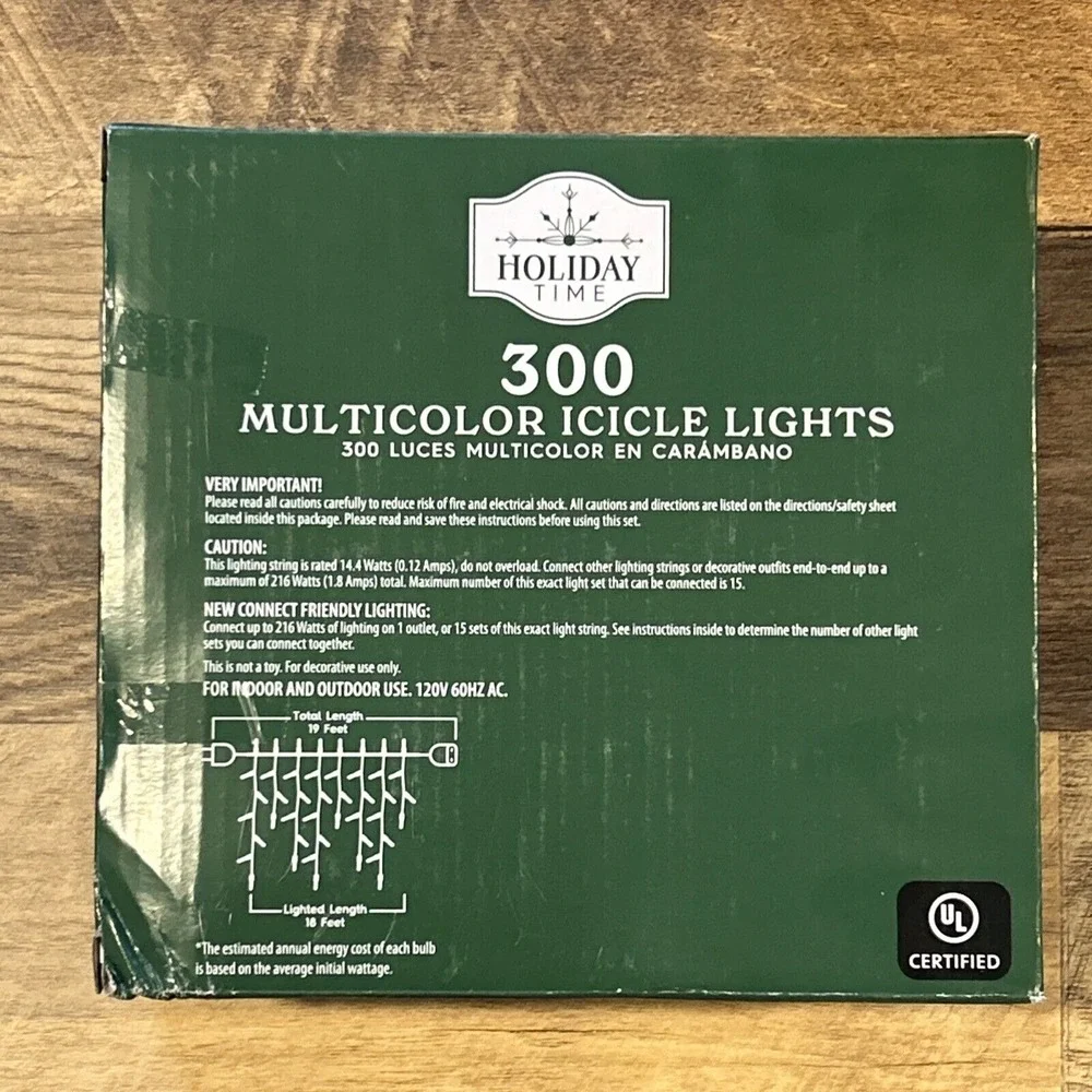 Holiday Time 300 Ct Multicolor Icicle‎ Christmas Lights White Wire 18 Ft New